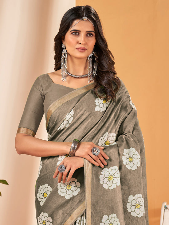 Saree Mall Women's Cotton Slub Grey Printed Designer Saree With Blouse Piece-NAVYA117