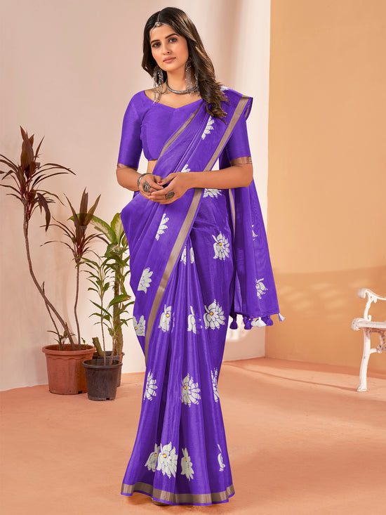 Saree Mall Women's Cotton Slub Purple Printed Designer Saree With Blouse Piece-NAVYA123