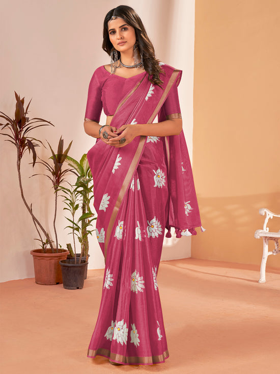 Saree Mall Women's Cotton Slub Pink Printed Designer Saree With Blouse Piece-NAVYA128