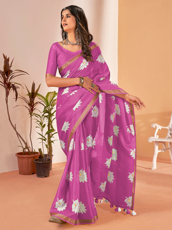 Saree Mall Women's Cotton Slub Pink Printed Designer Saree With Blouse Piece-NAVYA130