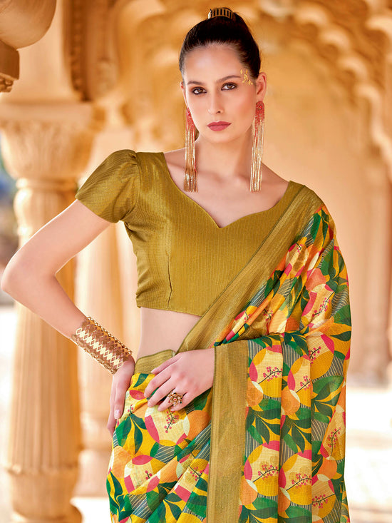 Saree Mall Women's Cotton Blend Mustard Printed Designer Saree With Blouse Piece-NITRA201