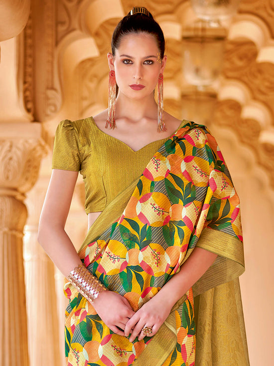 Saree Mall Women's Cotton Blend Mustard Printed Designer Saree With Blouse Piece-NITRA201