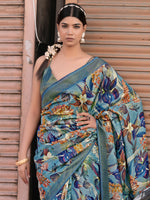 Saree Mall Women's Linen Blend Teal Blue Printed Designer Saree With Blouse Piece-NITRA305