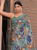 Saree Mall Women's Linen Blend Teal Blue Printed Designer Saree With Blouse Piece-NITRA305