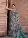 Saree Mall Women's Linen Blend Teal Blue Printed Designer Saree With Blouse Piece-NITRA305