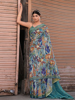 Saree Mall Women's Linen Blend Teal Blue Printed Designer Saree With Blouse Piece-NITRA305