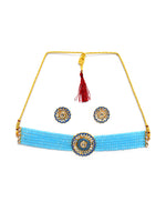 Gold-Plated White & Blue Kundan-Studded & Beaded Meenakari Jewellery Set
