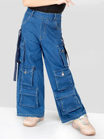 Girls Blue Comfort Fit 10-Pocket Cargo Pant