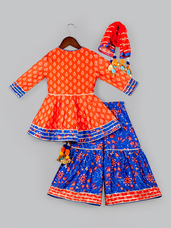 Girls Floral Printed Gotta Patti Kurta & Sharara with Dupatta Set