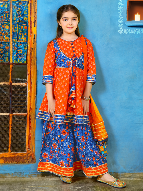 Girls Floral Printed Gotta Patti Kurta & Sharara with Dupatta Set