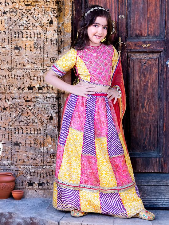 Girls Embellished Patchwork Ready to Wear Lehenga & Choli with Dupatta Set