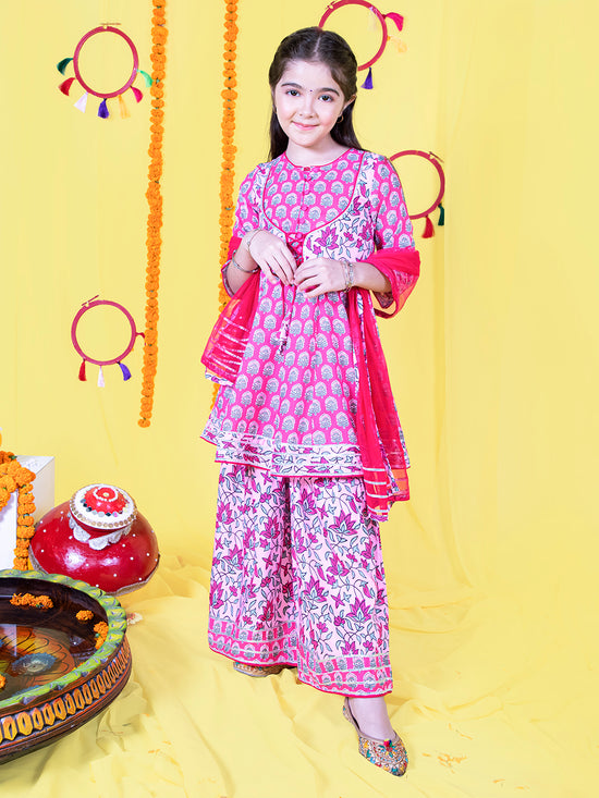 Girls Ethnic Motifs Printed Gotta Patti Kurta & Sharara with Dupatta Set