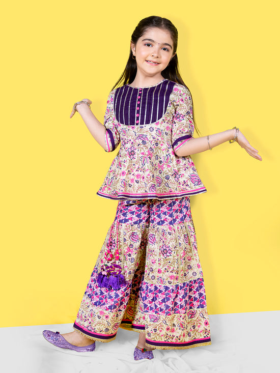 Girls Ethnic Motifs Printed Pleated Gotta Patti Kurta with Sharara Set