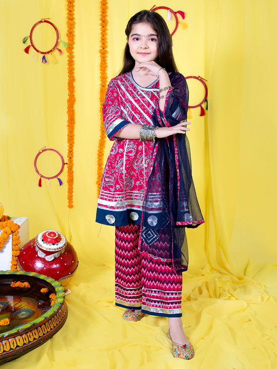 Girls Ethnic Motifs Printed Angrakha Kurta & Palazzos with Dupatta Set