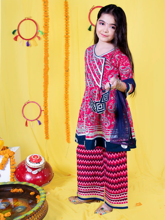 Girls Ethnic Motifs Printed Angrakha Kurta & Palazzos with Dupatta Set