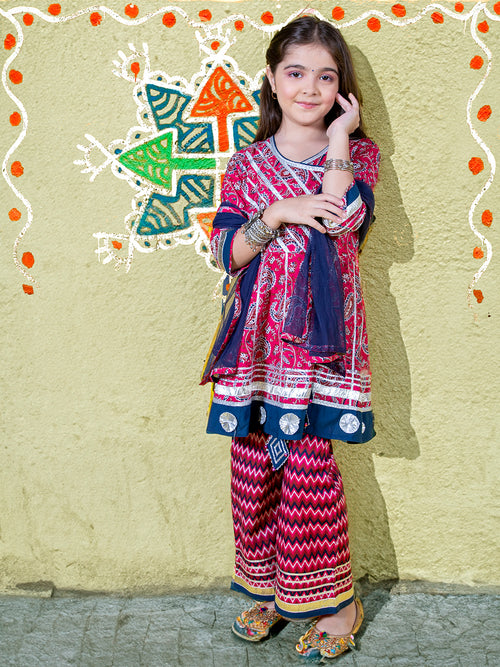 Girls Ethnic Motifs Printed Angrakha Kurta & Palazzos with Dupatta Set