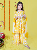 Girls Floral Printed A-Line Gotta Patti Kurta & Sharara with Dupatta Set