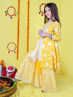 Girls Floral Printed A-Line Gotta Patti Kurta & Sharara with Dupatta Set