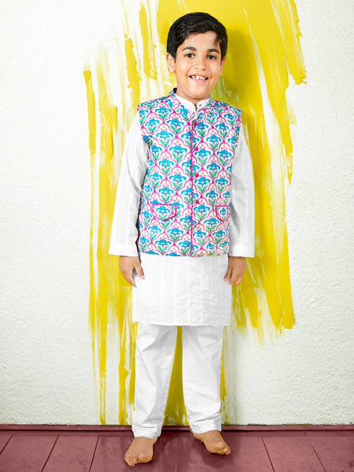 Boys Pure Cotton Kurta & Pyjamas with Printed Nehru Jacket Set