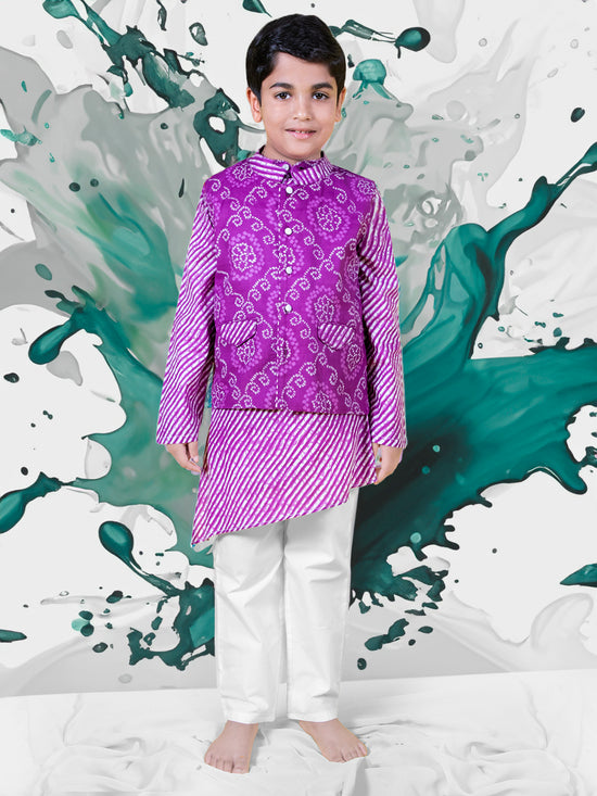 Boys Leheriya Printed Straight Kurta & Pyjamas with Nehru Jacket Set