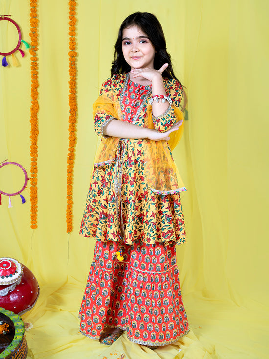 Girls Floral Printed Gotta Patti Kurta & Sharara with Dupatta Set