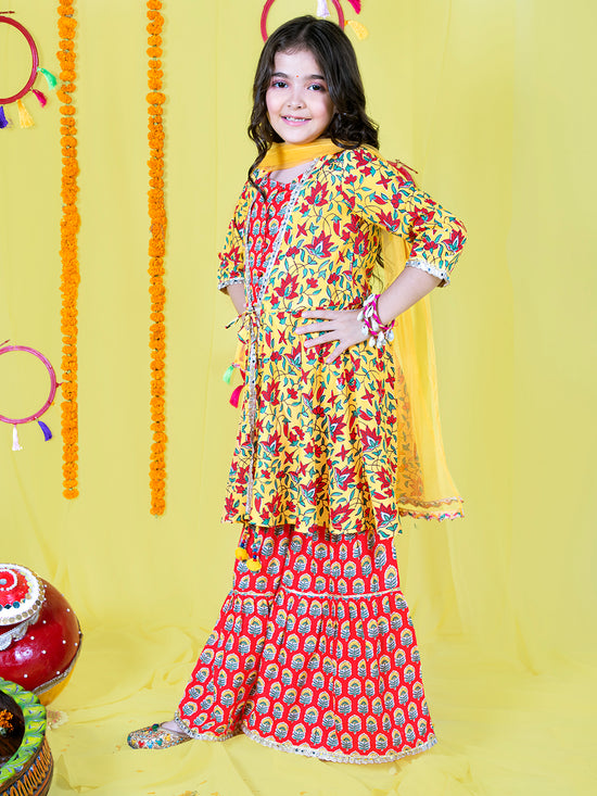 Girls Floral Printed Gotta Patti Kurta & Sharara with Dupatta Set