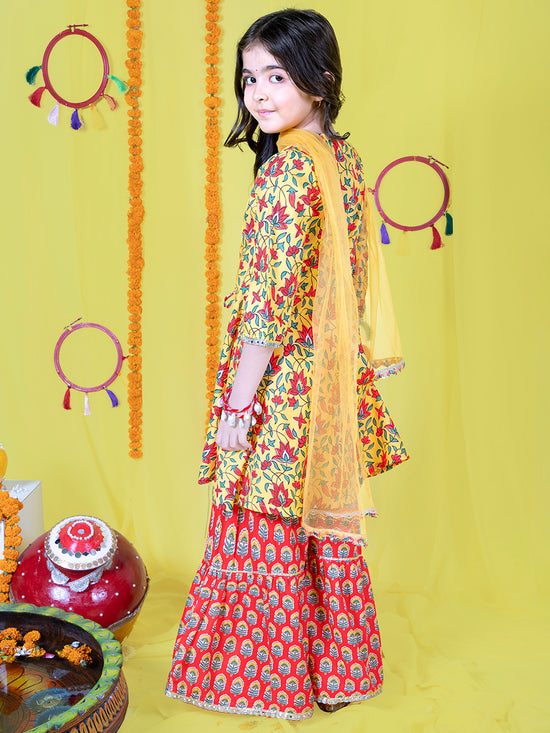 Girls Floral Printed Gotta Patti Kurta & Sharara with Dupatta Set