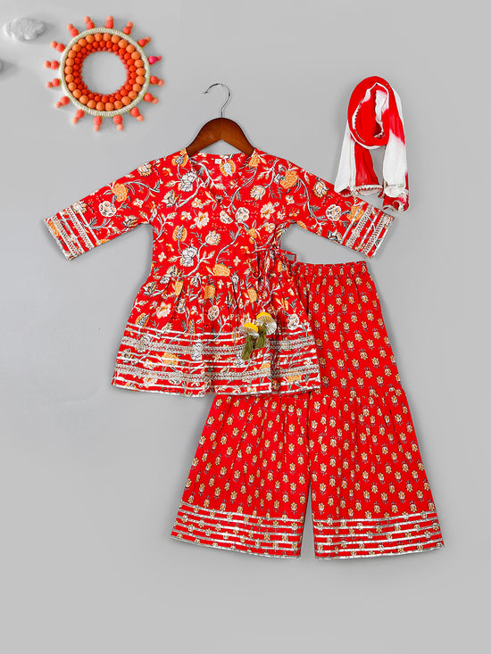 Girls Floral Printed Angrakha Gotta Patti Pure Cotton Kurta & Sharara with Dupatta Set