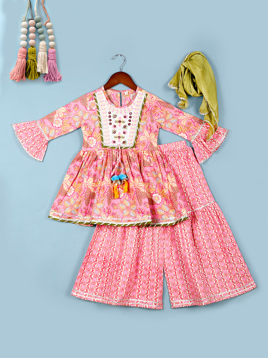 Girls Floral Printed Pure Cotton Kurta & Sharara with Dupatta Set