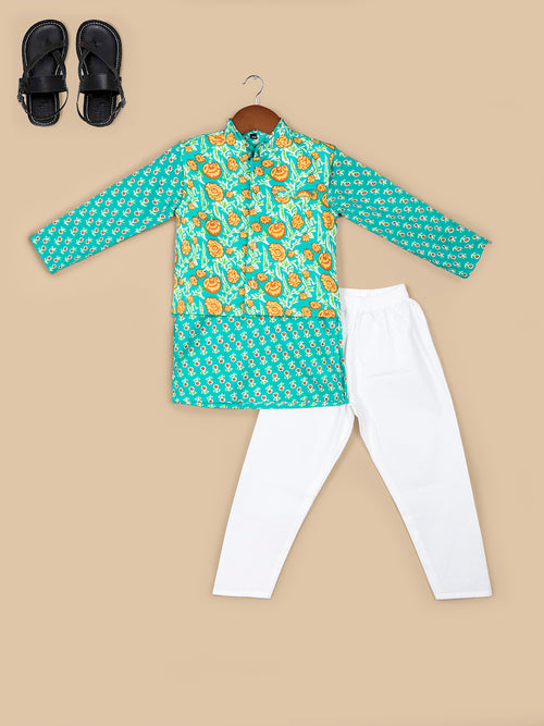 Boys Floral Pure Cotton Straight Kurta & Pyjamas with Nehru Jacket  Set