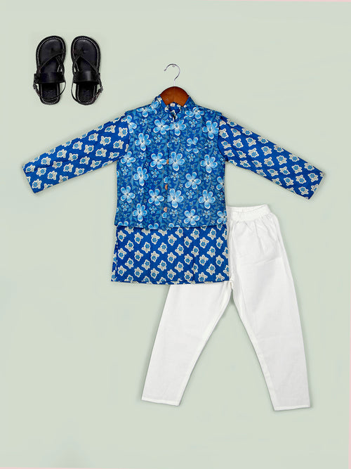 Boys Floral Pure Cotton Straight Kurta & Pyjamas with Nehru Jacket Set