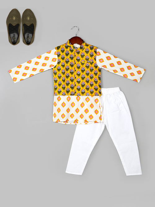 Boys Ethnic Motifs Printed Pure Cotton Kurta & Pyjamas with Nehru Jacket Set