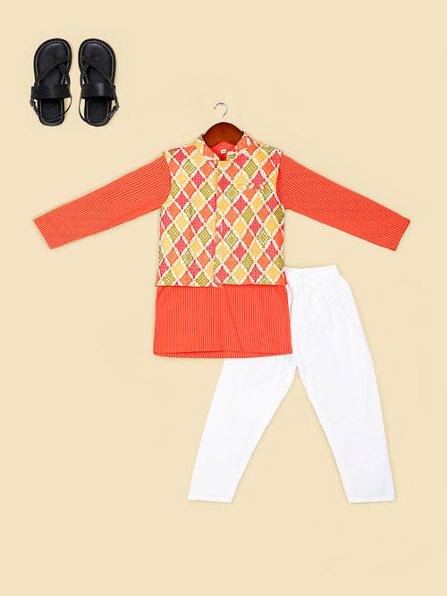 Boys Ethnic Motifs Pure Cotton Straight Kurta & Pyjamas with Nehru Jacket Set