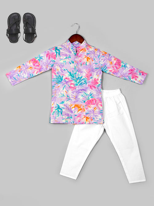 Boys Floral Printed Pure Cotton Straight Kurta with Pyjamas Set