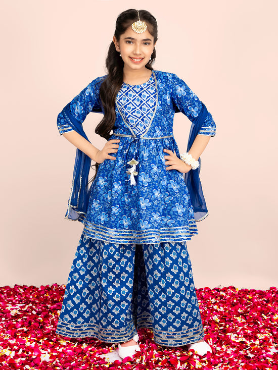 Girls Floral Printed Gotta Patti Pure Cotton Kurta & Sharara with Dupatta Set