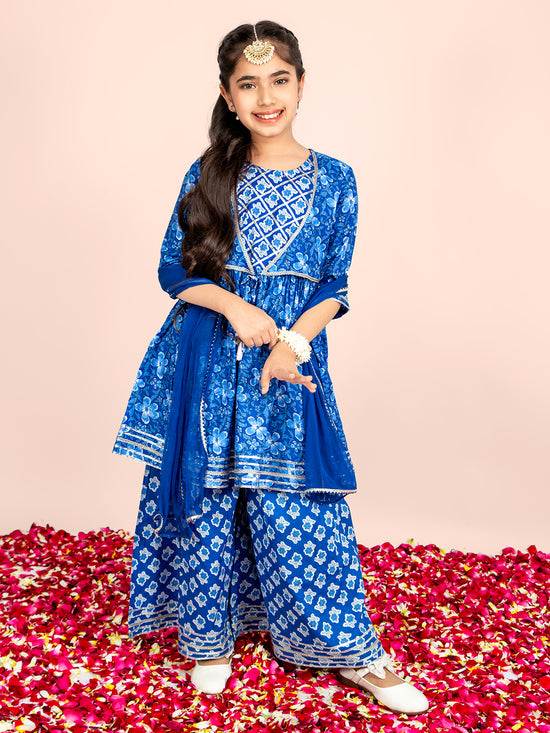 Girls Floral Printed Gotta Patti Pure Cotton Kurta & Sharara with Dupatta Set