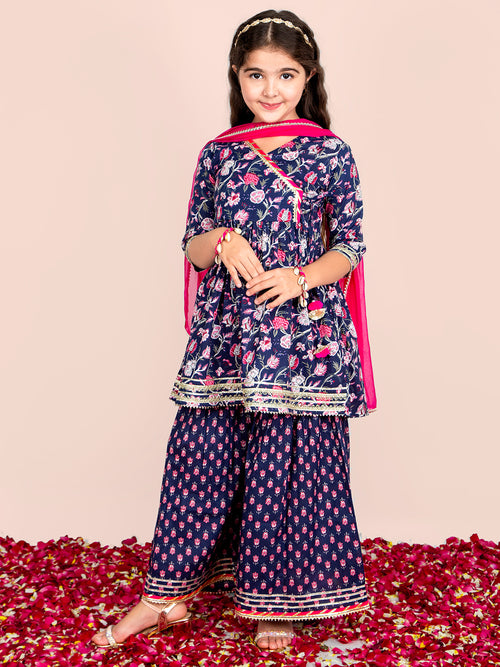 Girls Floral Printed Angrakha Cotton Kurta & Sharara with Dupatta Set
