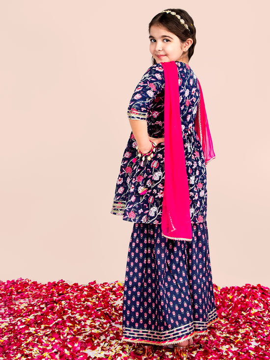 Girls Floral Printed Angrakha Cotton Kurta & Sharara with Dupatta Set