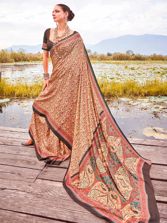 Saree Mall Women's Pashmina  Beige Printed Designer Saree With Blouse Piece-NORTHBT1106