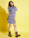 Girls Blue Floral Print Round Neck Dress-NVDRSS10672-8