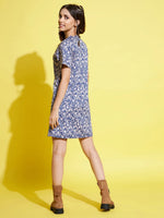 Girls Blue Floral Print Round Neck Dress-NVDRSS10672-8