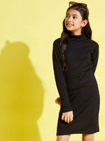 Girls Black Full Sleeves High Neck Rib Dress