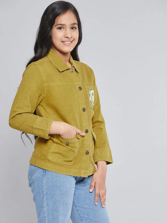 Girls Mustard SMILEY Patch Denim Jacket