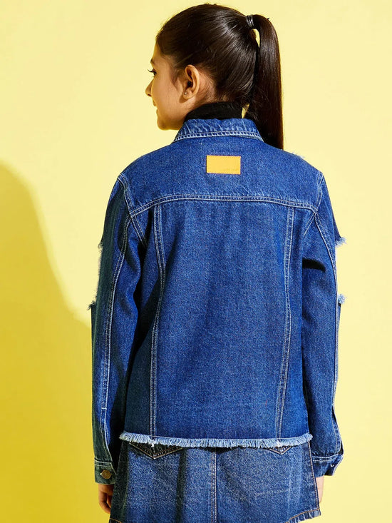 Girls Navy Raw Hem Distressed Denim Jacket