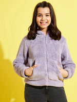 Girls Purple Fur Front Pocket Hoodie Jacket