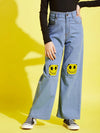 Girls Ice Blue Smiley Patch Print Straight Jeans