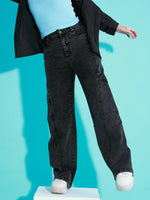 Girls Black Acid Wash Side Pocket Wide Leg Jeans