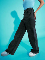 Girls Black Acid Wash Side Pocket Wide Leg Jeans