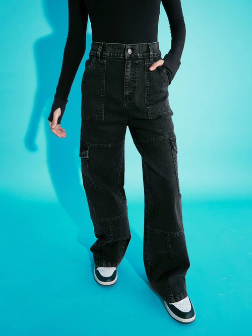 Girls Black Acid Wash Front Seam Straight Jeans