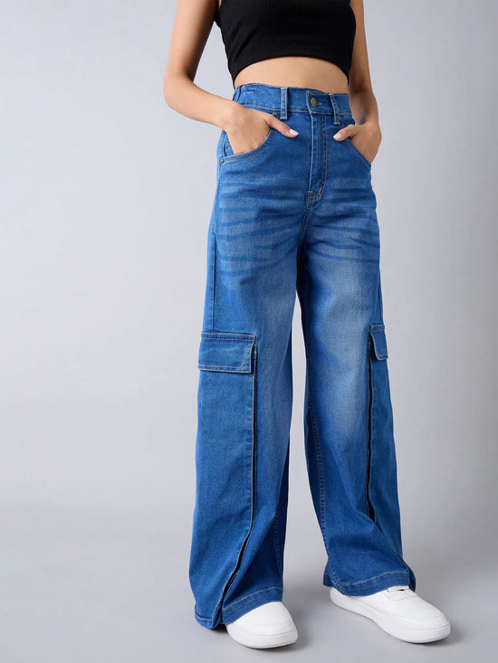 Girls Blue Blast Hem Pocket Straight Jeans-NVJEAN0601